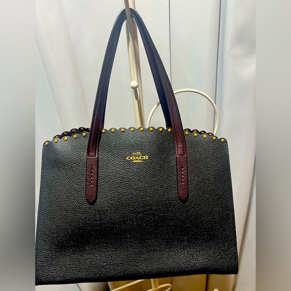 Coach Charlie Carryall Black Tote with Brown Handles and Scalloped  rivets - Picture 1 of 12